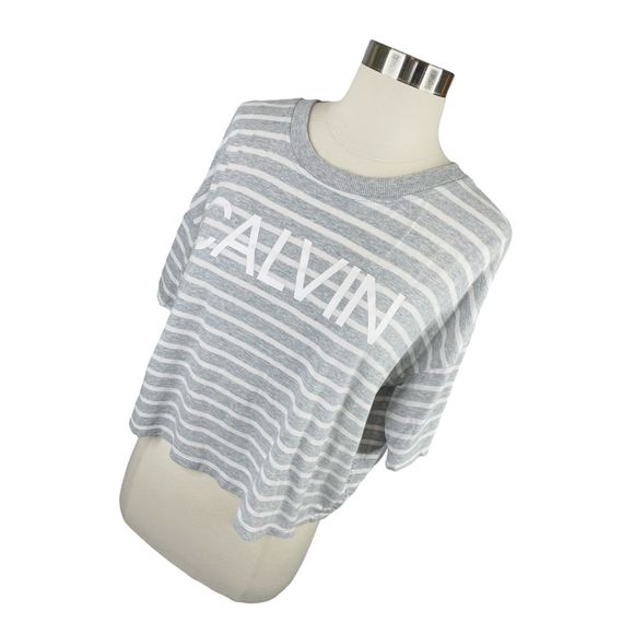 Calvin Klein Performance Gray & White Striped Cropped Athletic Tee - Size Medium - Picture 2 of 5
